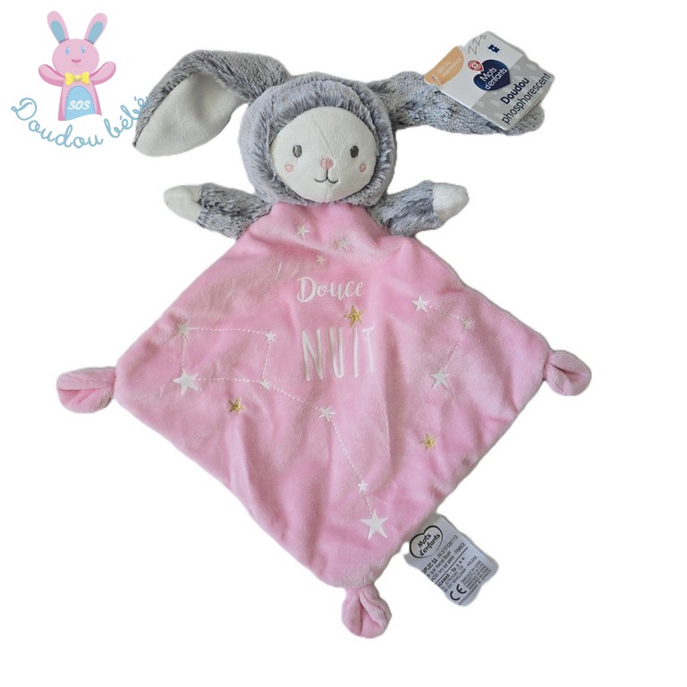 Doudou plat Lapin Ours rose douce nuit étoiles MOTS D'ENFANTS