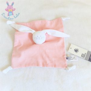 Doudou plat Lapin tissu rayé rose et blanc PETIT BATEAU