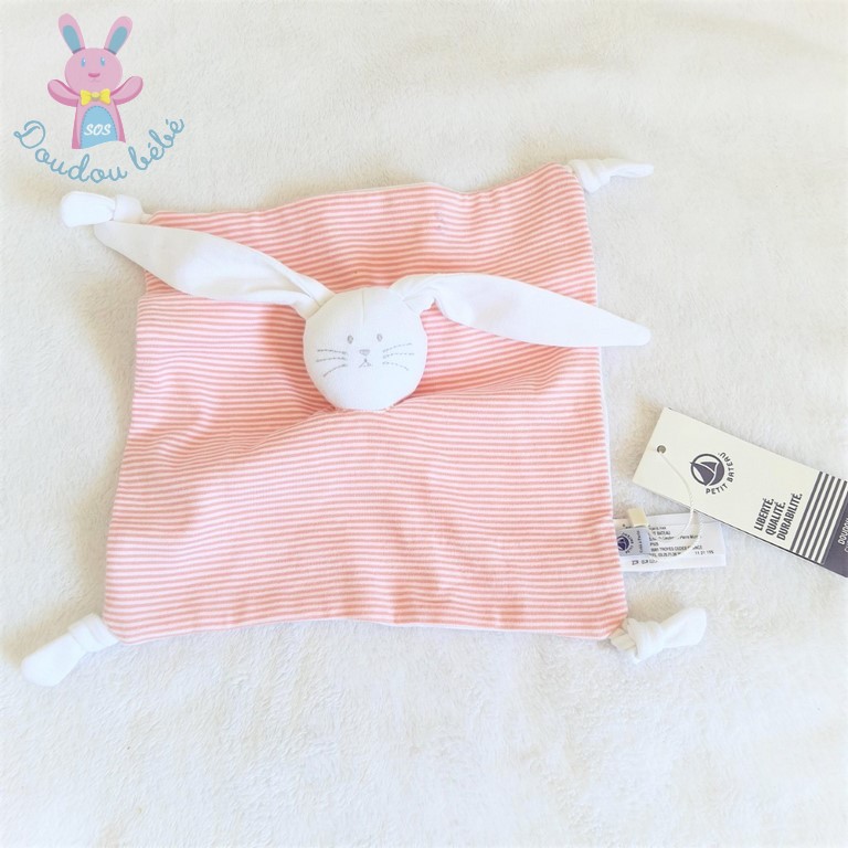 Doudou plat Lapin tissu rayé rose PETIT BATEAU