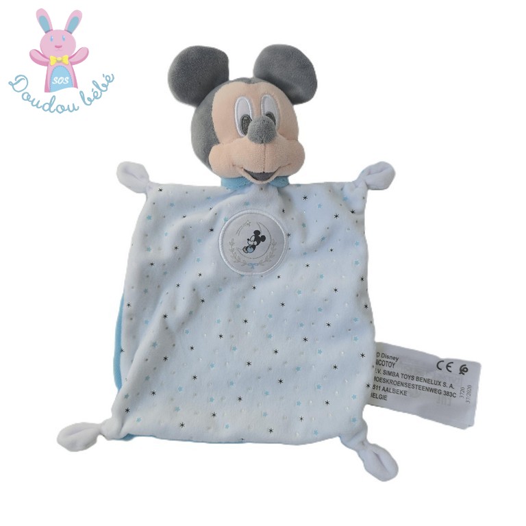 Doudou plat Mickey blanc bleu gris étoiles DISNEY SIMBA