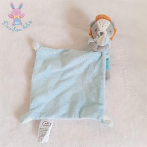 Doudou Lion bleu gris orange mouchoir pois argentés MOTS D’ENFANTS