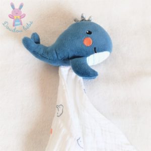 Doudou Baleine bleu mouchoir lange blanc VERTBAUDET