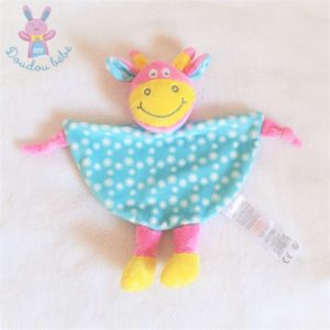 Doudou plat Girafe Vache grelot bleu jaune rose TOM & KIDDY