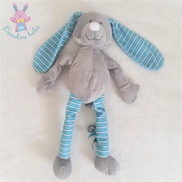 Doudou LAPIN tout doux gris blanc rayé bleu 45 cm VACO