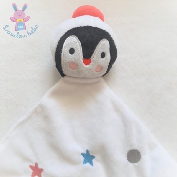 Doudou plat Pingouin noël blanc rouge pois étoiles BABY CALIN