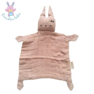 Doudou plat Lapin dormeur lange tissu rose pâle FABELAB