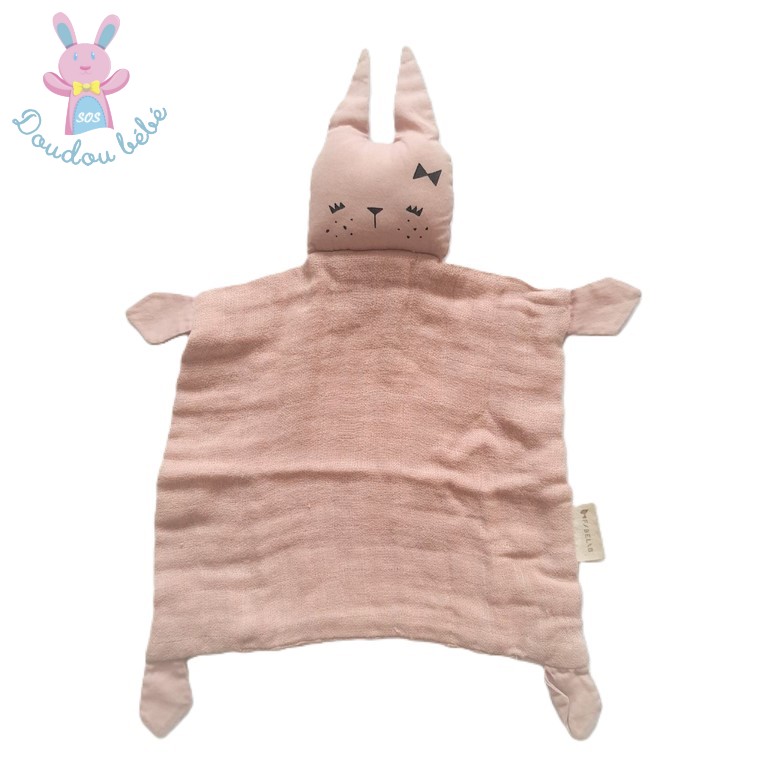 Doudou plat Lapin dormeur lange tissu rose pâle FABELAB
