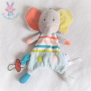 Doudou plat éléphant gris bleu rayé attache tétine Bébé Confort