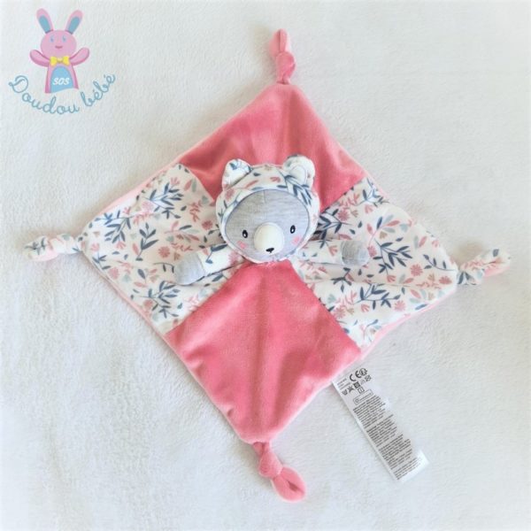 Doudou plat Ours Chat rose gris blanc fleurs Gémo