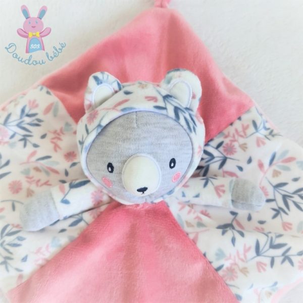 Doudou plat Ours Chat rose gris blanc fleurs Gémo