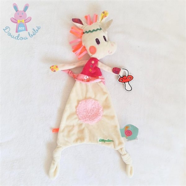 Doudou plat Licorne Louise blanc rose attache tétine LILLIPUTIENS