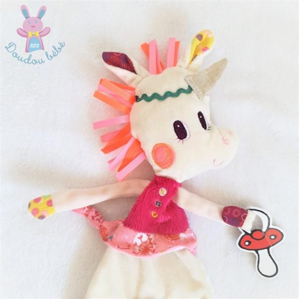 Doudou plat Licorne Louise blanc rose attache tétine LILLIPUTIENS