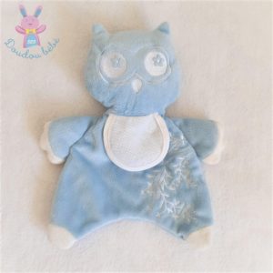 Doudou plat Chouette Hibou bleu bavoir blanc à broder DMC