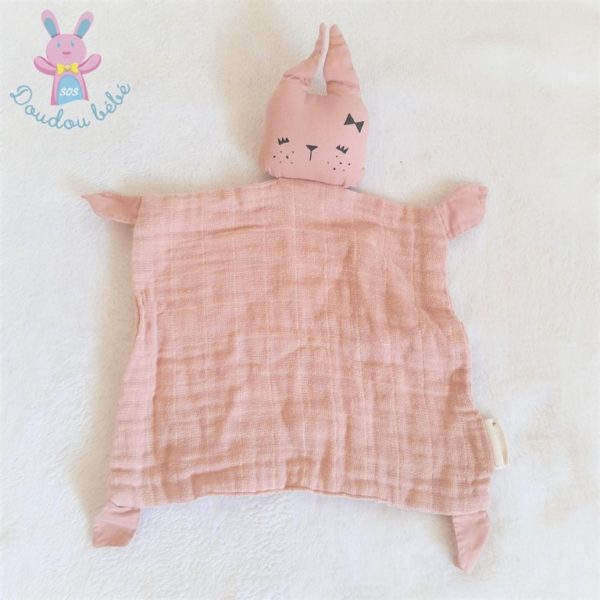 Doudou plat Lapin lange tissu rose pâle FABELAB