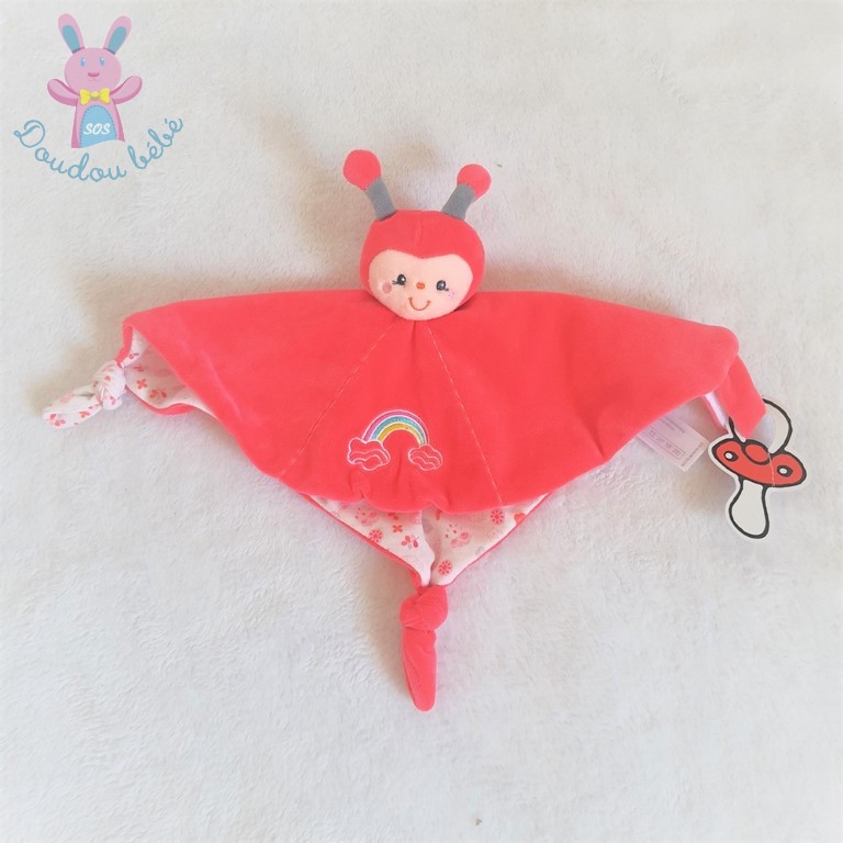 Doudou plat Coccinelle rainbow rose arc en ciel attache t tine GIPSY