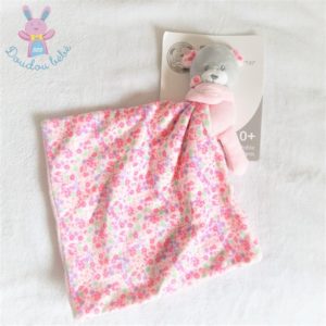 Doudou Ours rose gris mouchoir fleurs colorés SNUGGLE BABY