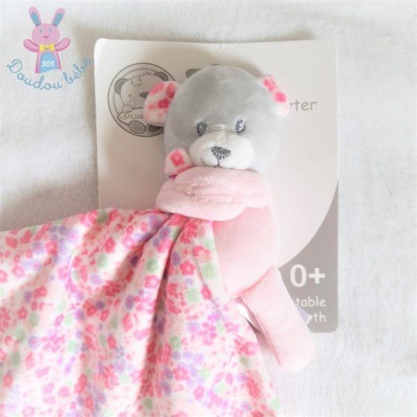 Doudou Ours rose gris mouchoir fleurs colorés SNUGGLE BABY