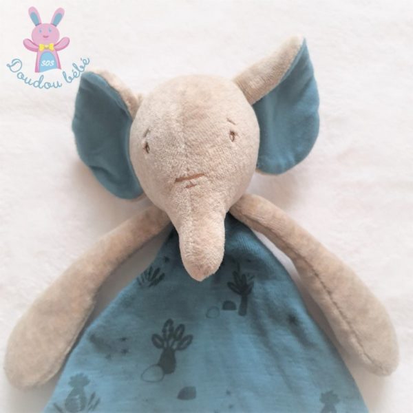 Doudou plat éléphant bleu gris Sous mon baobab MOULIN ROTY