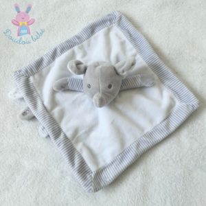 Doudou plat éléphant gris blanc rayé étoiles OBAIBI OKAIDI