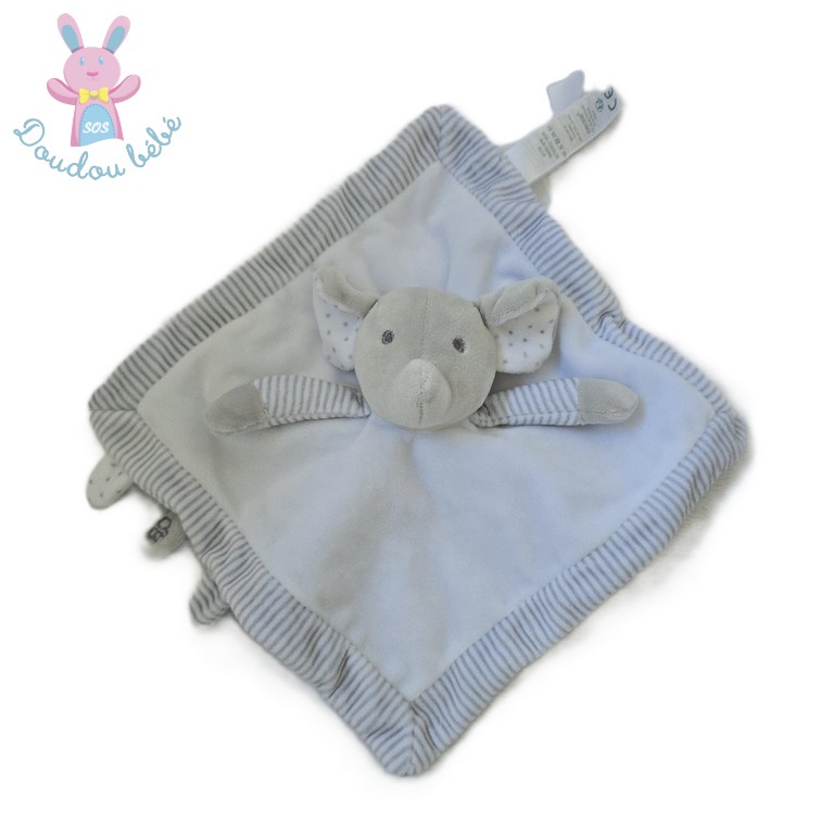 Doudou plat éléphant gris blanc rayé étoiles OBAIBI OKAIDI