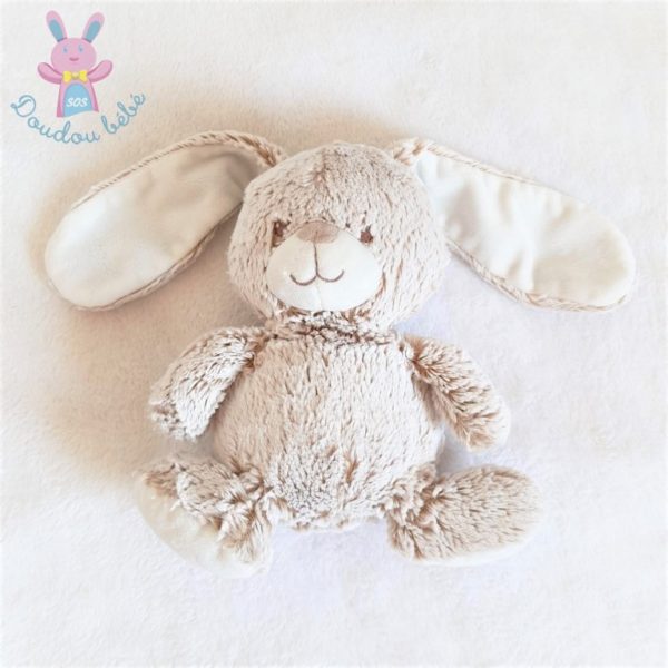 Doudou Lapin fourrure beige chiné blanc 21 cm TEX CARREFOUR