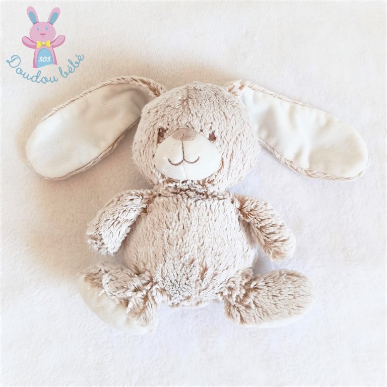 Doudou Lapin fourrure beige chiné blanc 21 cm TEX CARREFOUR