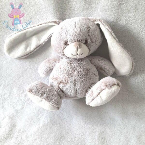 Doudou Lapin fourrure beige chiné blanc 21 cm TEX CARREFOUR