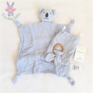 Doudou plat Koala lange bleu noir + anneau + sac VERTBAUDET