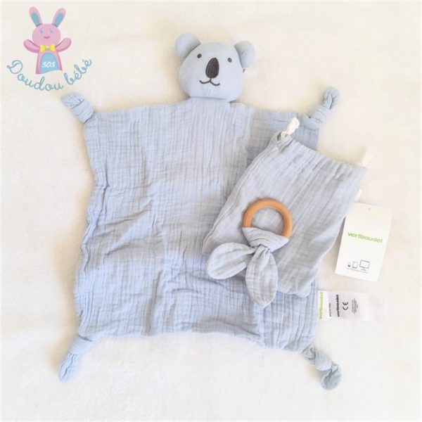 Doudou plat Koala lange bleu noir + sac + anneau VERTBAUDET