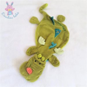 Doudou plat Dragon Walter marionnette vert bleu LILLIPUTIENS