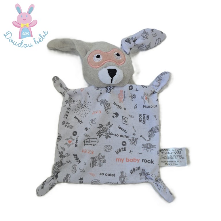 Doudou plat Lapin masqué gris blanc rose so cute IKKS BERDOUES