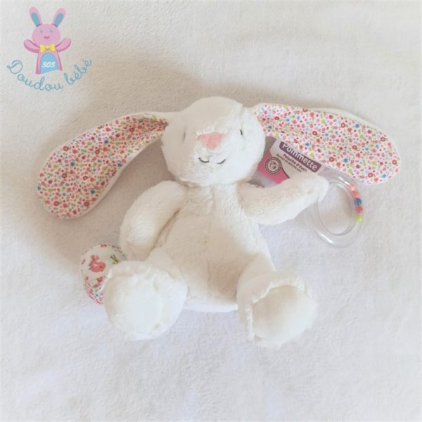 Doudou Lapin blanc fleurs jouet d'éveil anneau POMMETTE