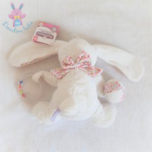 Doudou Lapin blanc fleurs jouet d’éveil anneau POMMETTE