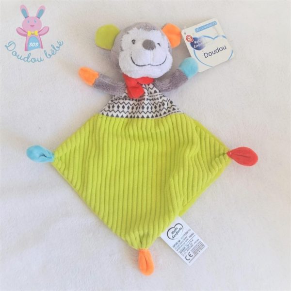 Doudou plat Singe vert gris et coloré MOTS D'ENFANTS