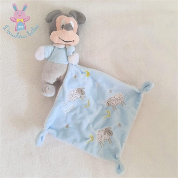 Doudou Mickey bleu gris mouchoir bleu moutons DISNEY