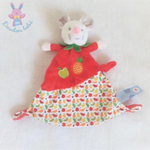 Doudou plat Souris rouge blanc orange vert fruits NICOTOY