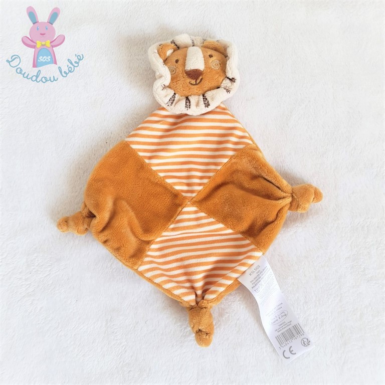 Doudou plat Lion grelot orange blanc rayé TOM & KIDDY