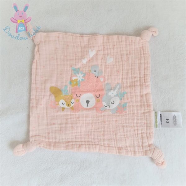 Doudou plat carré lange rose ours lapin cœurs VERTBAUDET