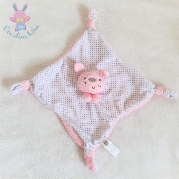 Doudou plat Lapin rose blanc à pois gris PLAYGRO