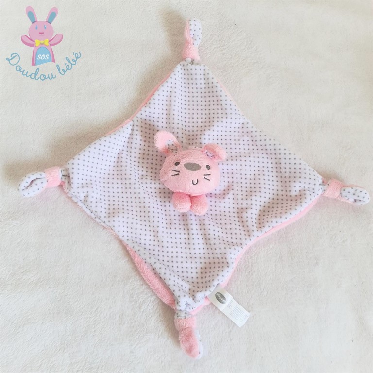 Doudou plat Lapin rose blanc à pois gris PLAYGRO