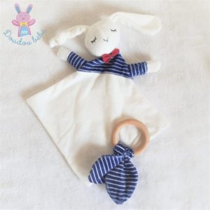 Doudou plat Lapin blanc et rayé bleu marine + anneau ENVIE DE FRAISE