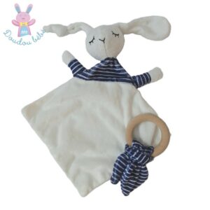 Doudou plat Lapin blanc et rayé bleu marine + anneau ENVIE DE FRAISE