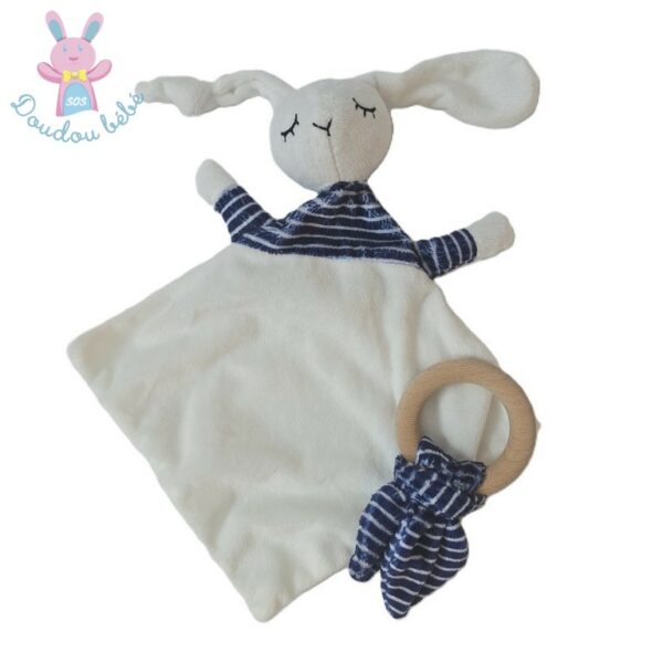 Doudou plat Lapin blanc et rayé bleu marine + anneau ENVIE DE FRAISE