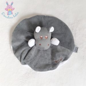 Doudou plat Hippopotame Kiwi rond gris blanc ZOO DE BEAUVAL