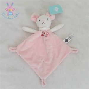 Doudou plat Souris rose blanc fleurs marguerite oiseau TEX BABY