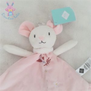 Doudou plat Souris rose blanc fleurs marguerite oiseau TEX BABY