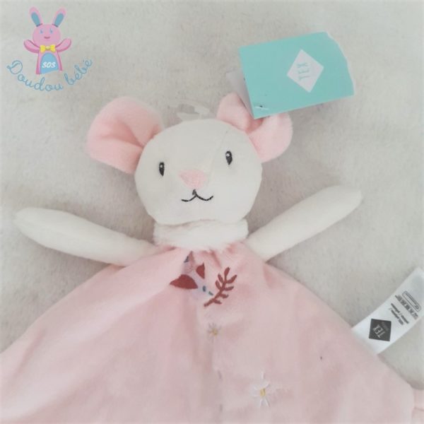 Doudou plat Souris rose blanc fleurs marguerite oiseau TEX BABY