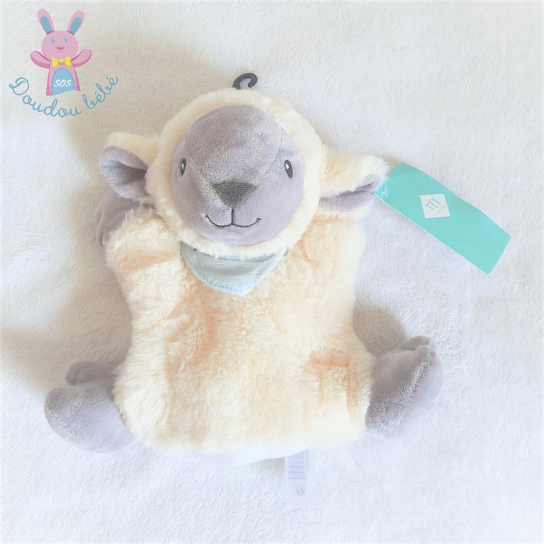 Doudou Mouton marionnette blanc gris foulard bleu TEX BABY