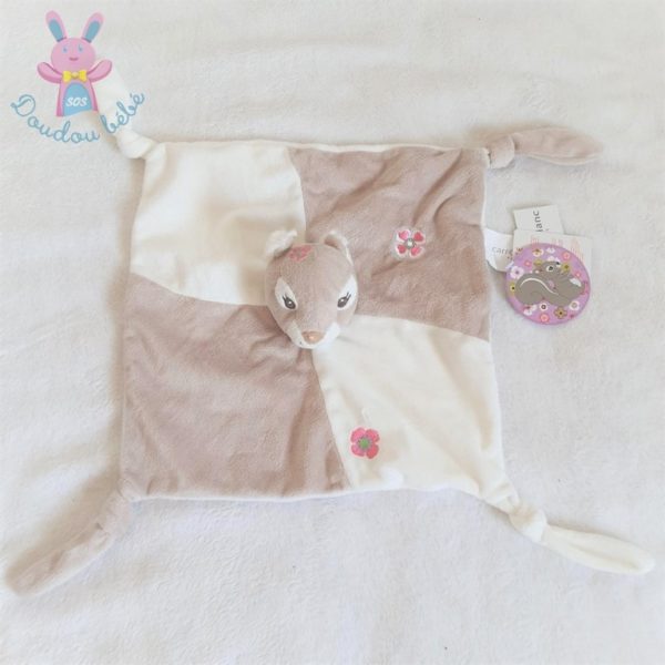 Doudou plat Biche beige blanc fleurs rose Carré Blanc