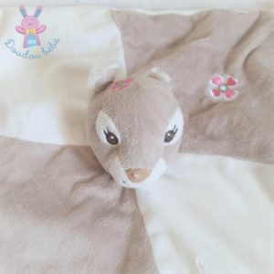 Doudou plat Biche beige blanc fleurs rose Carré Blanc